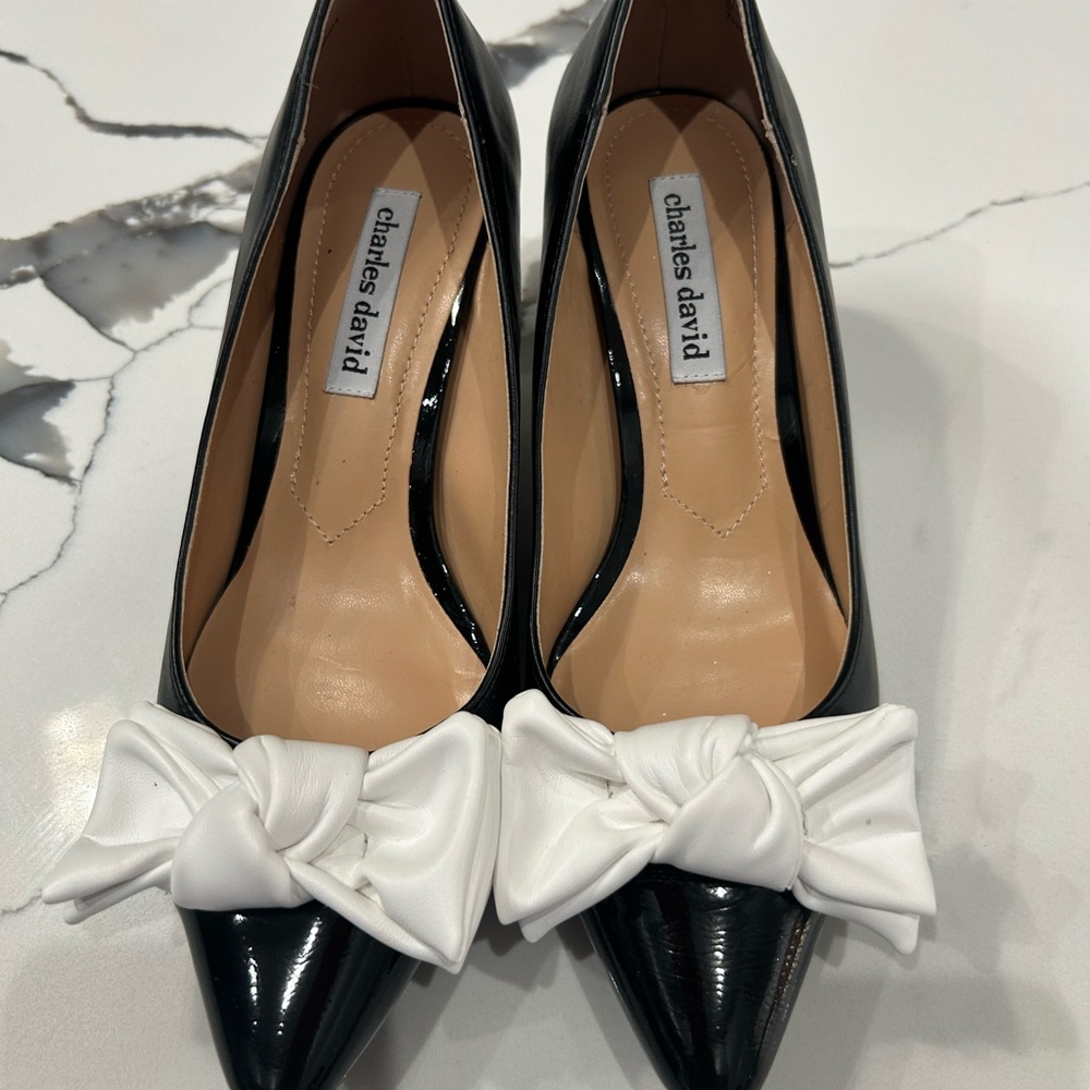 Charles David Black Patent Heels with White Bow